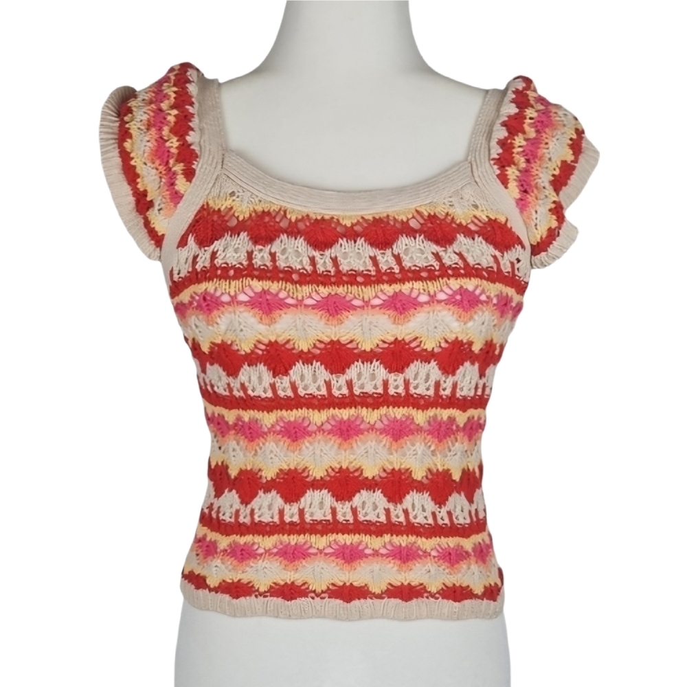 Crochet Knit Baby Tee Crop Top Red Pink Yellow Cream, Size S